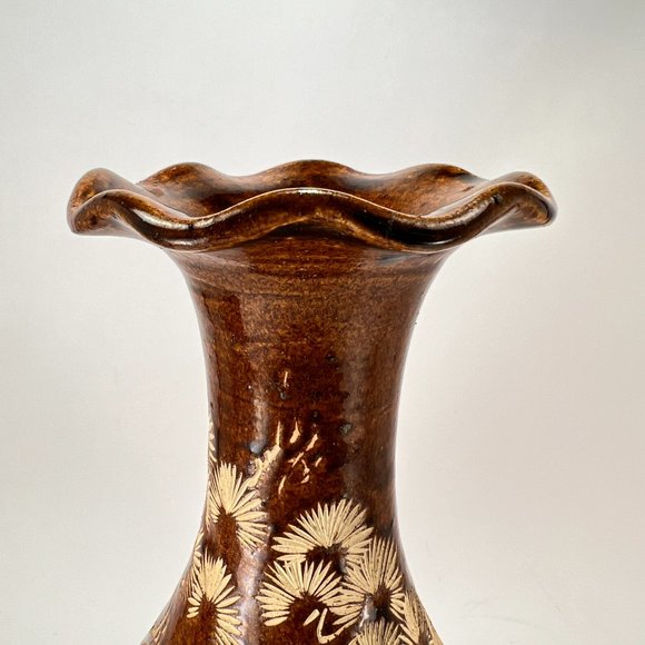 Sarawak Vase Clay Pottery Carved Crane Bird Glazed Brown Cream Ruffle Folk Art - Picture 6 of 13
